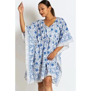 Boutique Printed Flutter Sleeve Tapestry Kaftan Tunic Mini Dress Coastal Boho
